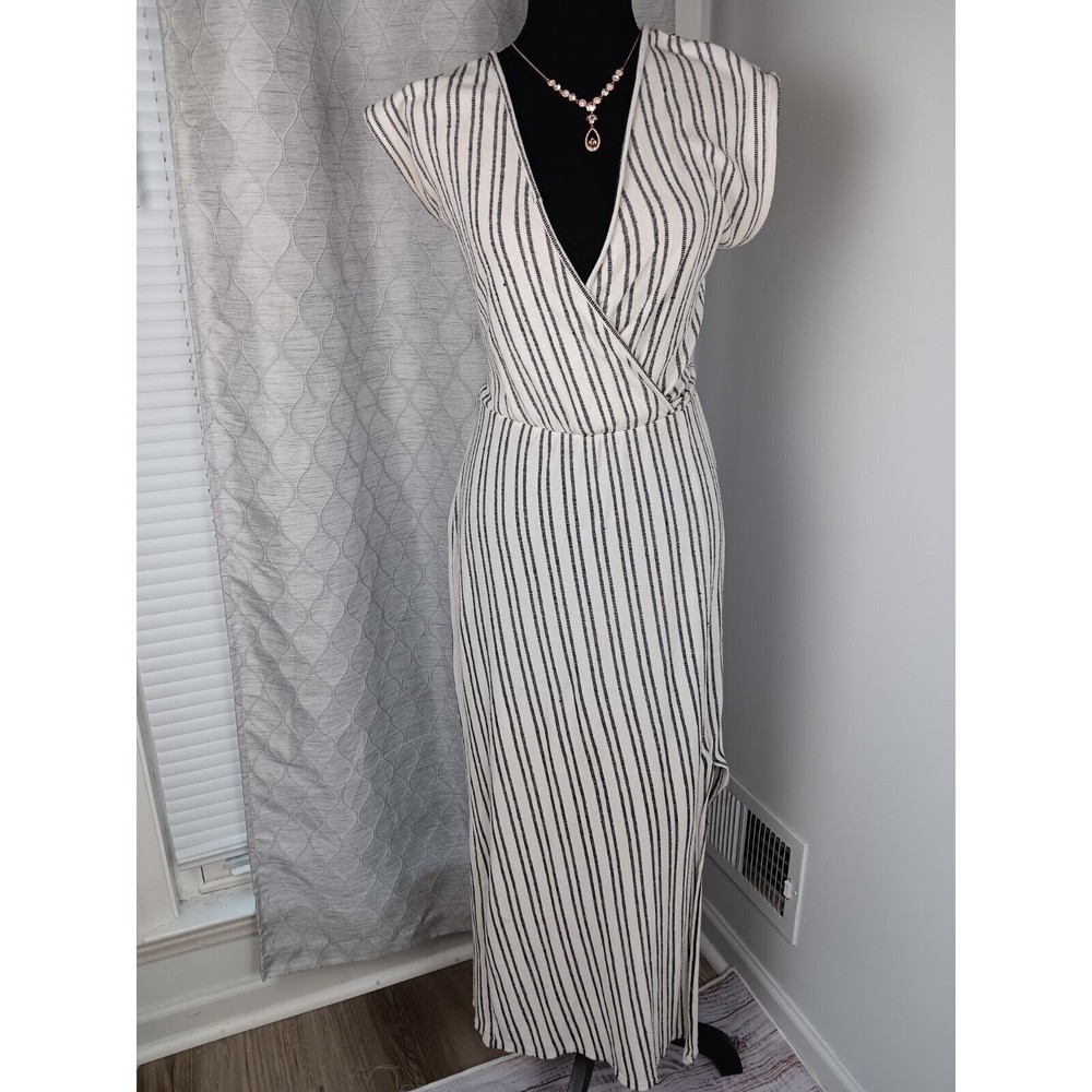 Caution To The Wind Midi Dress Women’s M/L Striped Faux Wrap Terry Stretch